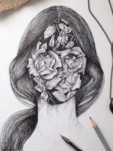 نقاشی با خودکار آلفردو باشا طرح زن و گل